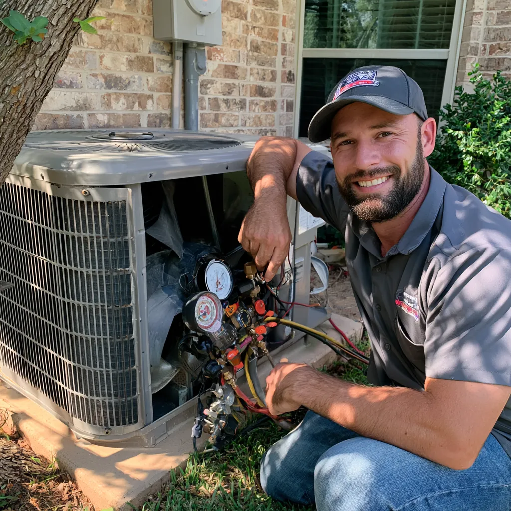 Smiling HVAC technician kneeling beside an outdoor AC condenser with refrigerant gauges connected, in front of a brick home