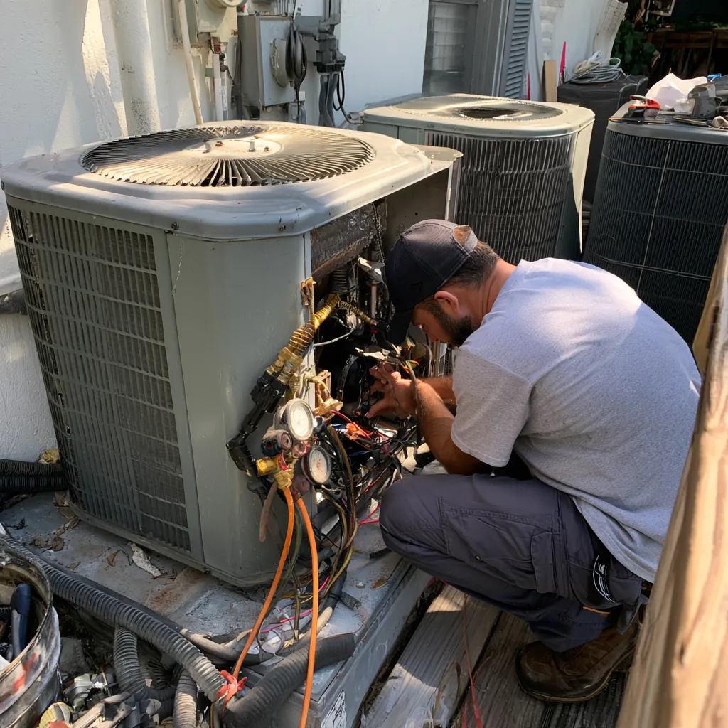 HVAC technician connecting refrigerant gauges and lines to an outdoor condenser beside several other AC units