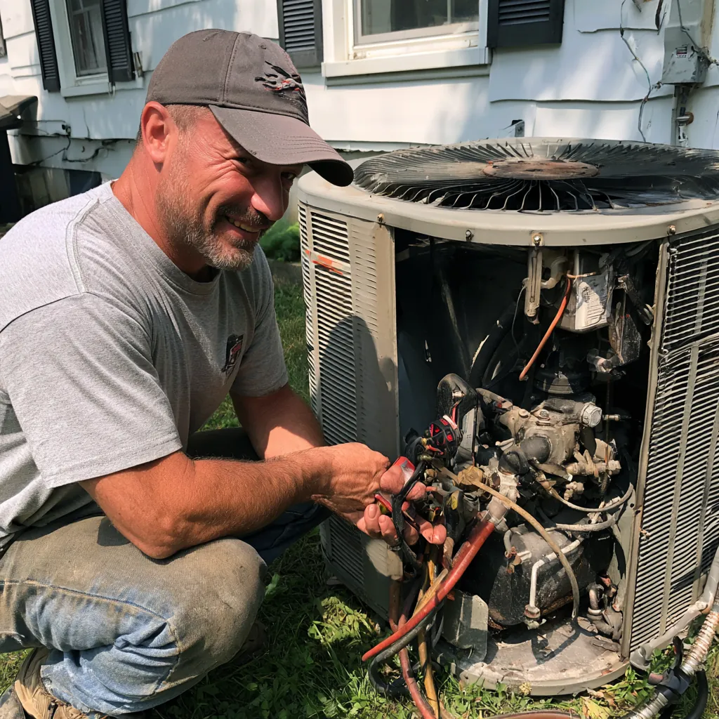 HVAC technician working on the wiring and compressor inside an opened outdoor air conditioning condenser