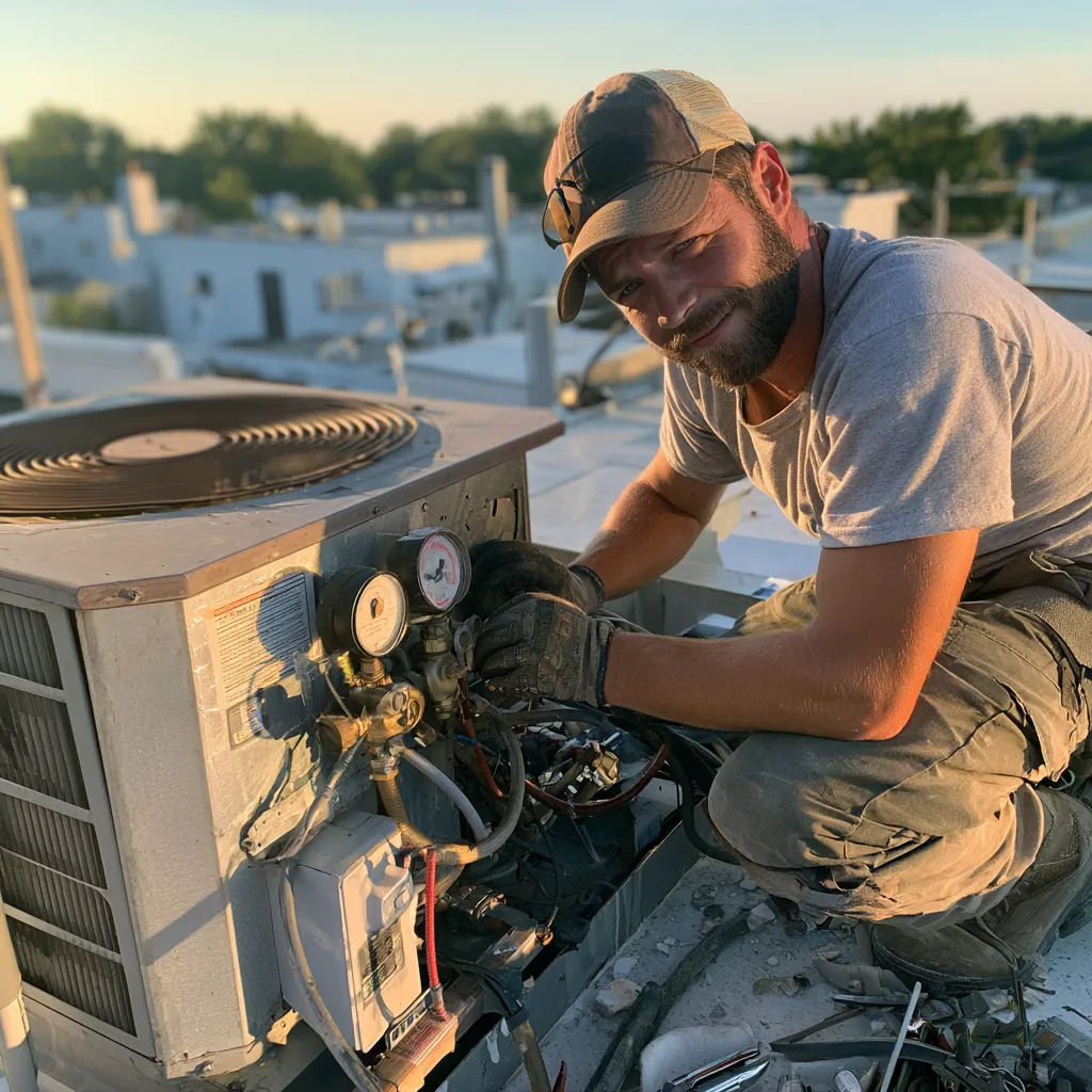 HVAC technician servicing a rooftop condenser with refrigerant gauges connected at sunset