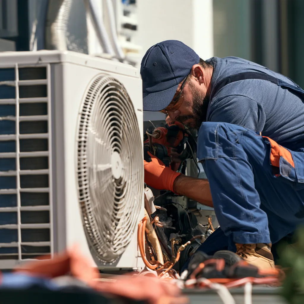 HVAC technician in orange work gloves working on the refrigerant connections of an outdoor unit with a front-facing fan