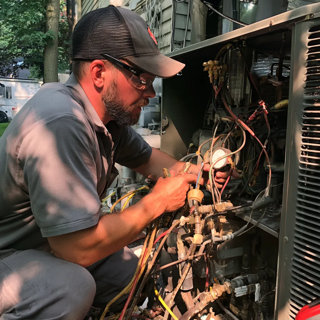 HVAC technician in safety glasses checking wiring and a pressure gauge inside an opened outdoor HVAC unit