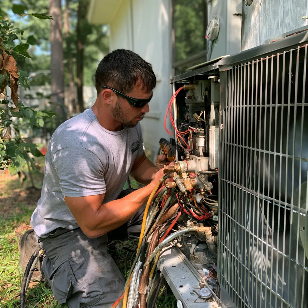 HVAC technician in safety glasses holding a meter while testing wiring inside an outdoor HVAC unit