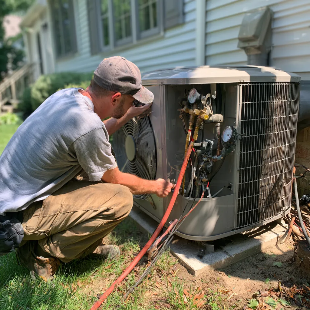 HVAC technician inspecting the fan of an outdoor condenser with refrigerant gauges attached during a service visit